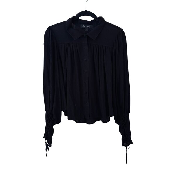 Oak & Trellis Black Button Front Tie Sleeve Blouse Women's Medium - Picture 3 of 6